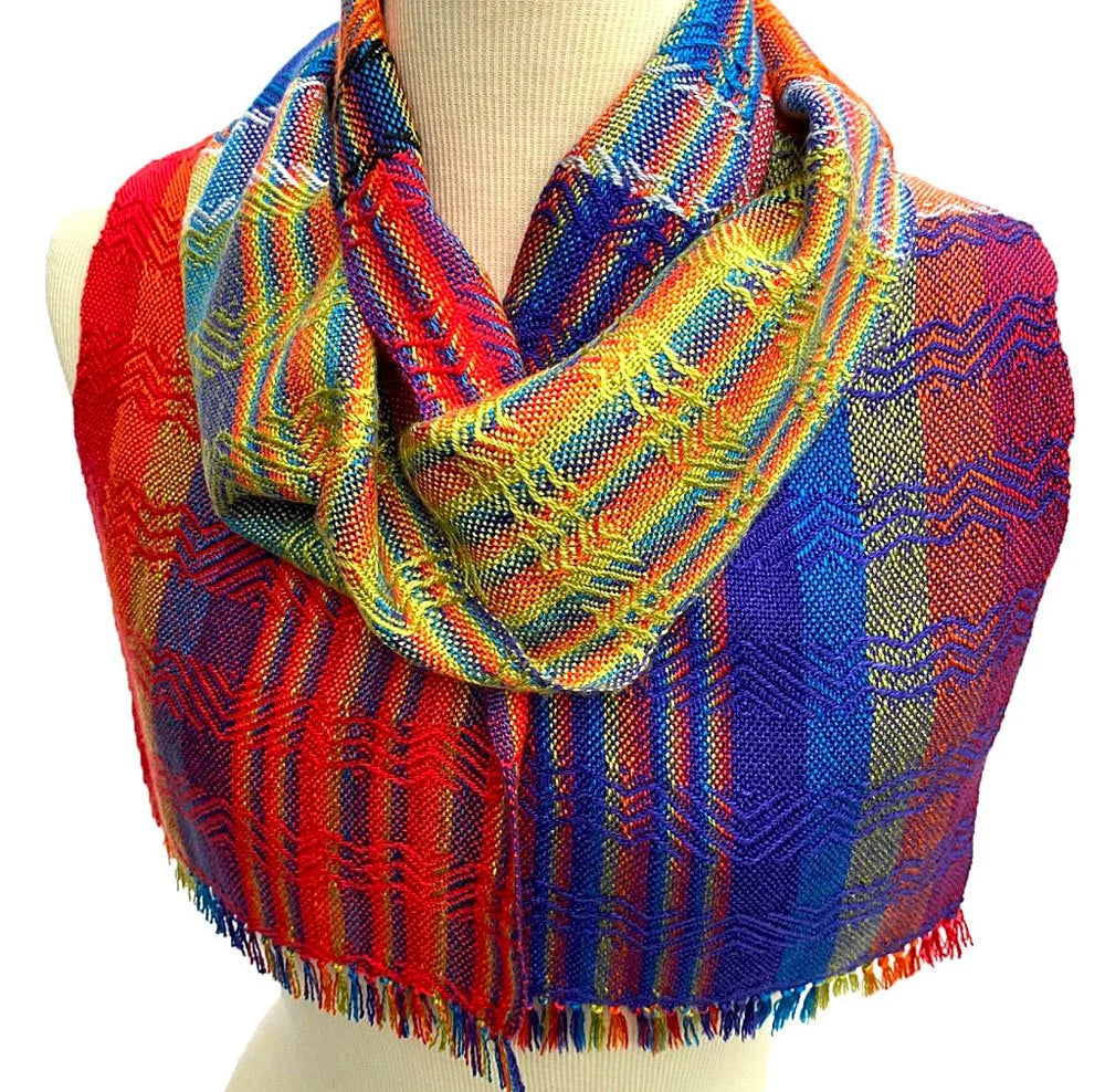 Stripes of Red, Orange, Green, Blue, and Purple Twill and Plain Tencel Handwoven Scarf